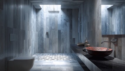Modern bathroom with textured walls, a striking red basin, and overhead shower