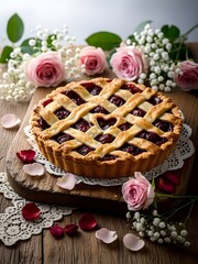 Cherry Pie With Lattice Crust On Rustic Table Surrounded By Flowers 