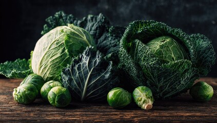 A dark, rustic arrangement of fresh green cabbages and Brussels sprouts on wood