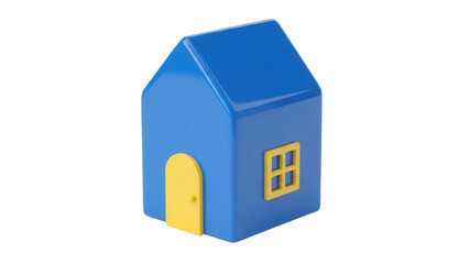 Blue toy house PNG isolated on transparent background, cute miniature home with yellow door and window for kids and decoration
