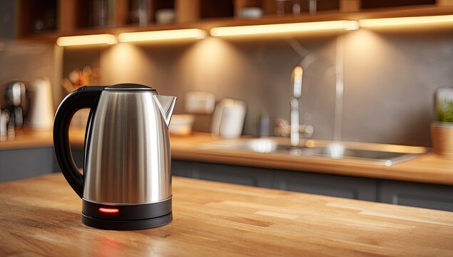 Stainless steel electric kettle with red indicator light on a wooden countertop