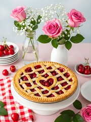 Pink Rose and Cherry Pie Centerpiece With Baby's Breath Bouquet for Spring Table