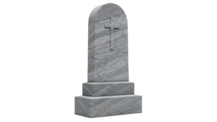 Marble headstone with cross isolated PNG, religious monument for cemetery or memorial, stone grave marker on transparent background