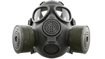 Vintage gray gas mask PNG isolated on transparent background, protective gear for chemical and biological warfare defense