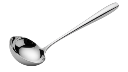 Shiny silver ladle isolated PNG on transparent background, kitchen utensil for serving soup and sauces, elegant tableware