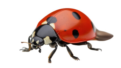 Red ladybug PNG isolated on transparent background, close-up of a seven-spot ladybug with black spots, beneficial insect for garden and nature designs