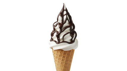 Delicious soft serve ice cream cone with chocolate syrup isolated PNG, sweet dessert for summer treat and confectionery