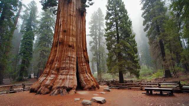 Giant Sequoia Tree Base with Root System and Wooden Railing in a California Redwood Forest Landscape.