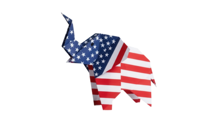 Origami elephant with American flag pattern isolated PNG, patriotic symbol on transparent background, republican party mascot for political campaigns