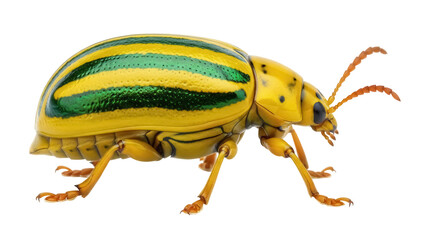 Striped cucumber beetle PNG isolated on transparent background, yellow and green bug with black spots, insect for design and educational use