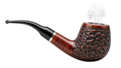 Smoking pipe with smoke isolated PNG on transparent background, brown briar tobacco pipe for smokers and collectors, vintage design