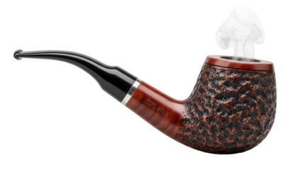 Smoking pipe with smoke isolated PNG on transparent background, brown briar tobacco pipe for smokers and collectors, vintage design
