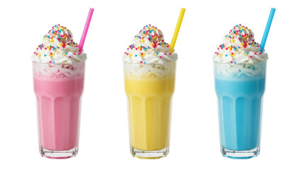 Colorful milkshakes with whipped cream and sprinkles isolated PNG, refreshing summer drinks on transparent background for menu design