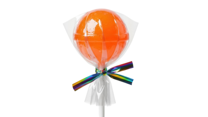 Bright orange lollipop isolated PNG on transparent background, sweet candy treat with iridescent ribbon for party favors and confectionery designs