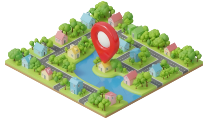 Isometric city map with houses, trees, and river isolated PNG, cartoon town with location pin on transparent background, real estate concept