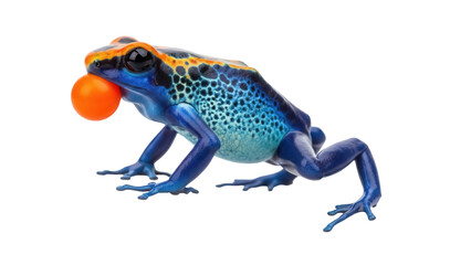 Blue poison dart frog with orange ball isolated PNG, vibrant amphibian on transparent background for educational and design projects