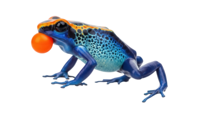 Blue poison dart frog with orange ball isolated PNG, vibrant amphibian on transparent background for educational and design projects