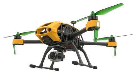 Yellow and black drone PNG isolated on transparent background, unmanned aerial vehicle for photography and videography, modern technology