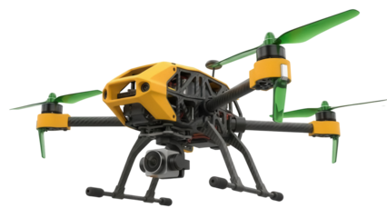Yellow and black drone PNG isolated on transparent background, unmanned aerial vehicle for photography and videography, modern technology