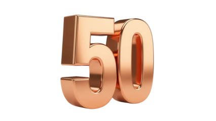 Elegant rose gold number 50 PNG isolated on transparent background, shiny metallic digit for anniversary and special occasion design