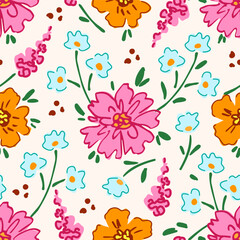 Cute floral vector seamless pattern. Large pink, orange flowers, small blue flowers on a light pink background. For fabric prints, textiles, and summer clothing. Children's goods.