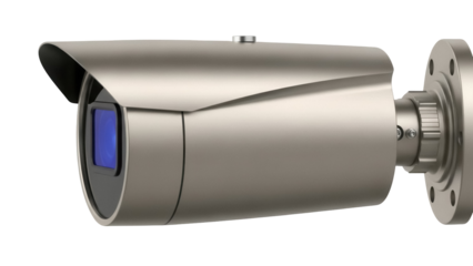 Modern silver security camera PNG isolated on transparent background, surveillance equipment for safety and protection