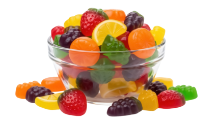 Colorful fruit gummy candies in glass bowl isolated PNG, sweet chewy treats assortment for kids and party favors on transparent background