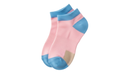 Pair of pink and blue ankle socks isolated PNG on transparent background, casual footwear for sports and everyday wear