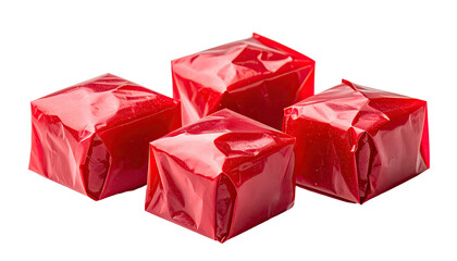 Four red, square-shaped candies wrapped in reflective red wrappers on a black background