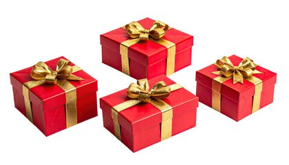Four red square gift boxes tied with gold ribbon and bows against a stark black background