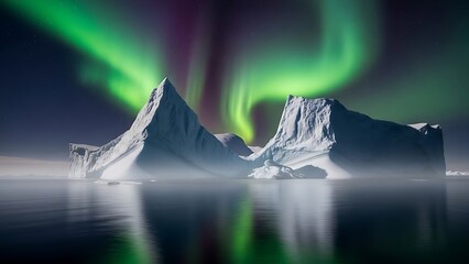 A mesmerizing view of the aurora borealis illuminating massive arctic icebergs