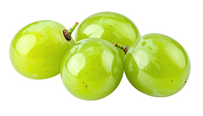Four round, bright green grapes with stems, isolated on a black background