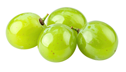 Four round, bright green grapes with stems, isolated on a black background