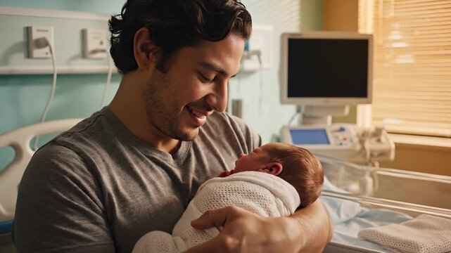 Father holds newborn baby in hospital room with love. Dad cradles infant wrapped in blanket. Newborn sleeps in father arms at hospital. Man smiles holding baby. Father bonds with newborn infant.