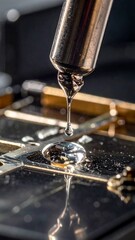 Molten metal drips onto reflective surface, close-up capturing the moment of impact and the pooling liquid