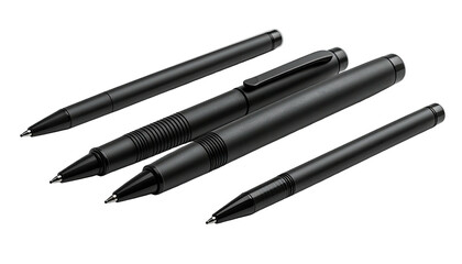 Four sleek, black pens on a black background. Varying lengths and styles. Elegant design