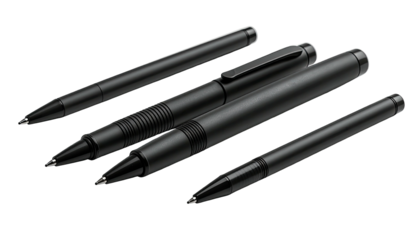 Four sleek, black pens on a black background. Varying lengths and styles. Elegant design