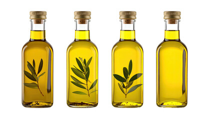 Four small glass bottles filled with olive oil, some with olive branches, against black backdrop