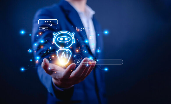 Businessman presenting artificial intelligence chatbot interface with glowing AI assistant icon, digital communication symbols, and futuristic technology concept for customer support, and automation. - Powered by Adobe