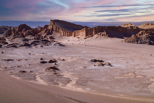 Bizarre rock formations at sundown in Moon Valley near San Pedro de Atacama