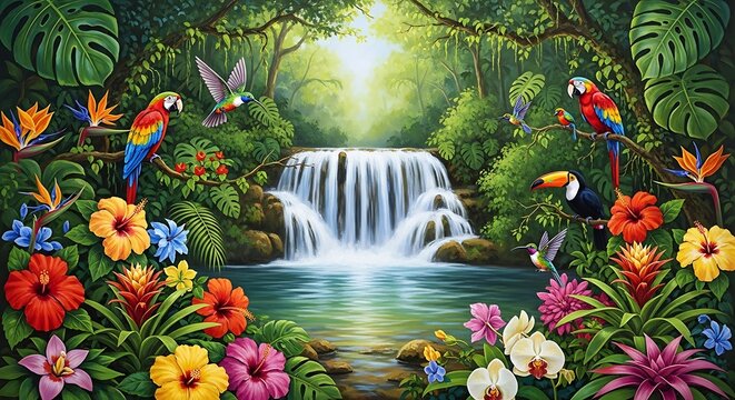 Vibrant Tropical Waterfall Paradise with Exotic Birds and Flowers.