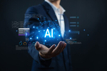 Businessman holding glowing artificial intelligence globe with data analytics interface, global network connections, representing AI technology, data-driven business, and future innovation.