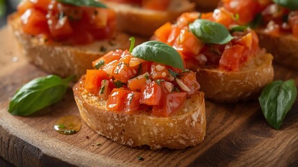 A close-up of freshly made Bruschetta al Pomodoro, crispy toasted bread topped with diced tomatoes, basil, garlic, and a drizzle of olive oil, served on a rustic wooden board