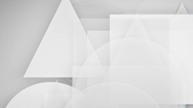 Minimalist geometric background with overlapping white shapes and soft shadows. Seamless loop.