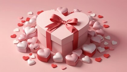 Beautiful pink heart shaped gift box with ribbon surrounded by hearts