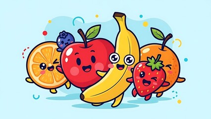 Cartoon fruits with smiling faces together.