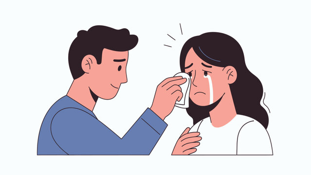 Man comforting crying woman, wiping her tears with a tissue. Emotional support and empathy concept.