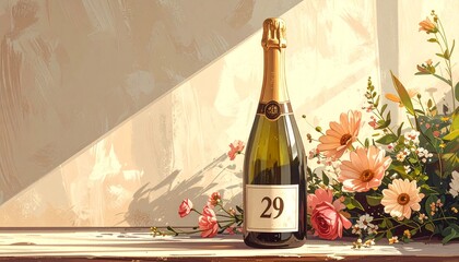 Champagne bottle with number 29 on the label. Rustic illustration for birthday or anniversary celebration
