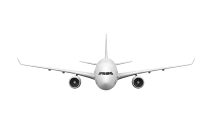 Front view of a white commercial airplane against a plain background