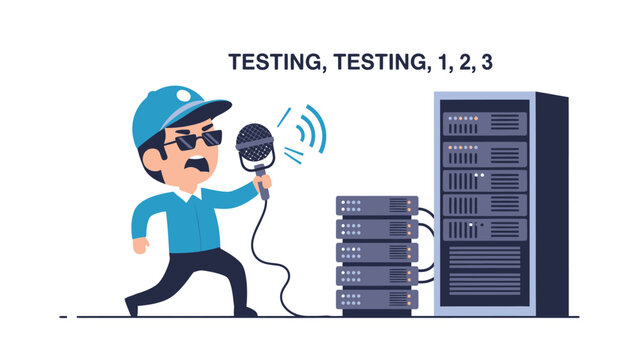 IT Technician Character Testing Servers with Microphone. System Check and Troubleshooting Concept.